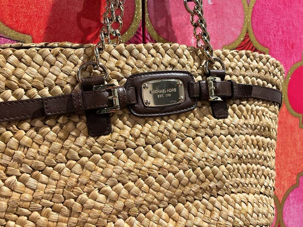 Michael Kors Straw and Brown Leather Tote Shoulder Bag with Chain Straps and Bel